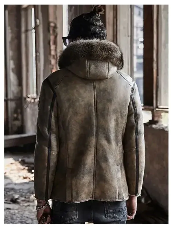 Mens Parka Shearling Fur Leather Jacket With Hood