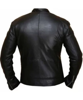 Mens Plain Snap Tab Buttoned Collar Leather Jacket Back