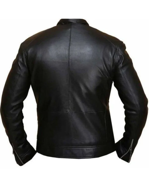 Mens Plain Snap Tab Buttoned Collar Leather Jacket Back