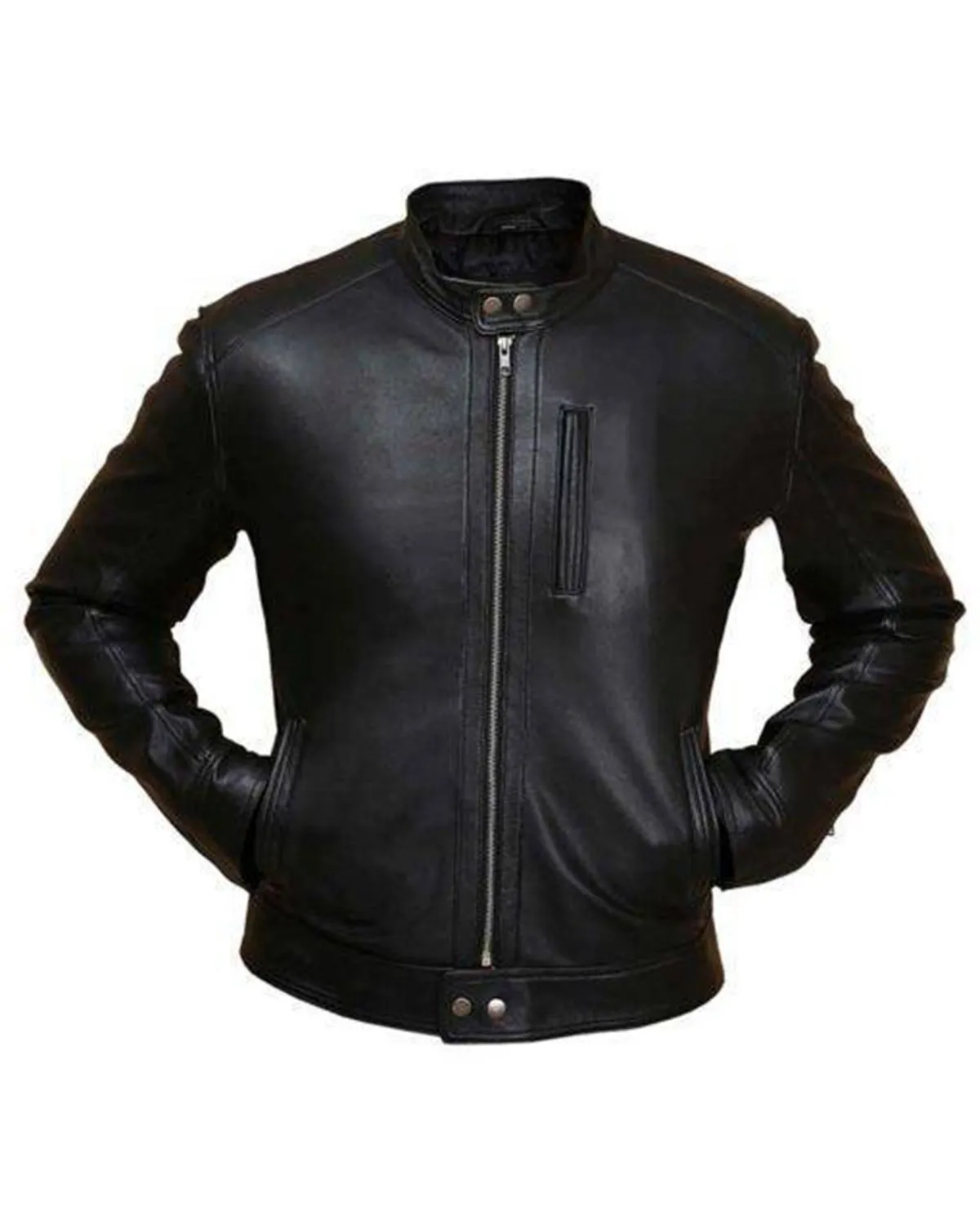 Mens Plain Snap Tab Buttoned Collar Leather Jacket