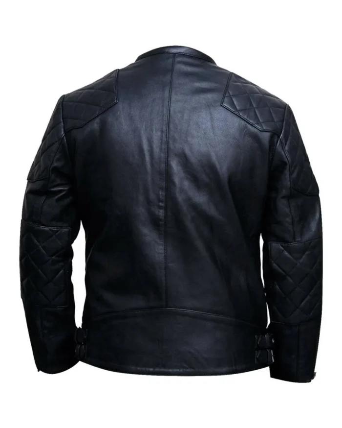 Mens Quilted All Black Biker Real Leather Jacket Back