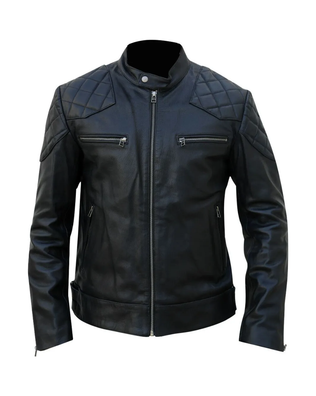 Mens Quilted All Black Biker Real Leather Jacket