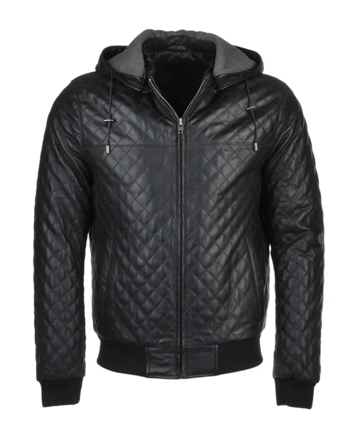 Mens Quilted Detachable Black Hood Bomber Leather Jacket