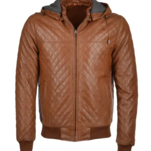Mens Quilted Detachable Hood Bomber Leather Jacket