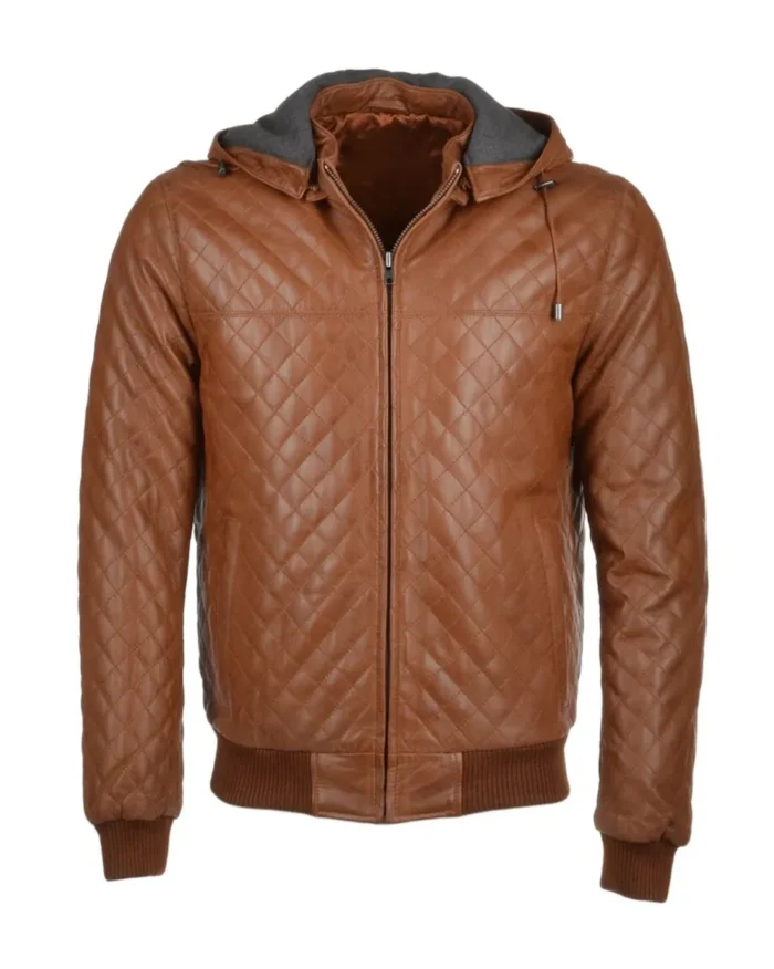 Mens Quilted Detachable Hood Bomber Leather Jacket