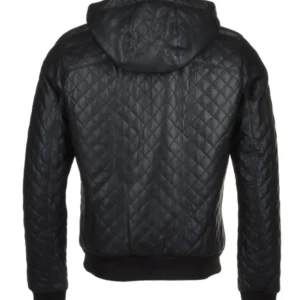 Mens Quilted Detachable Hood Bomber Leather Jacket Back