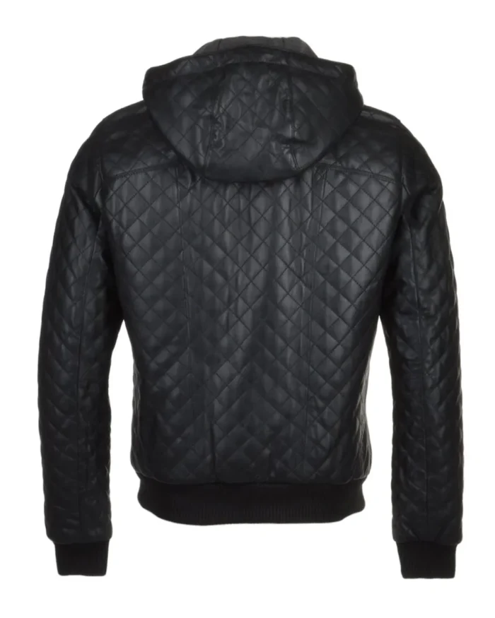Mens Quilted Detachable Hood Bomber Leather Jacket Back