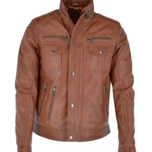 Mens Quilted Shoulders Brown Leather Jacket