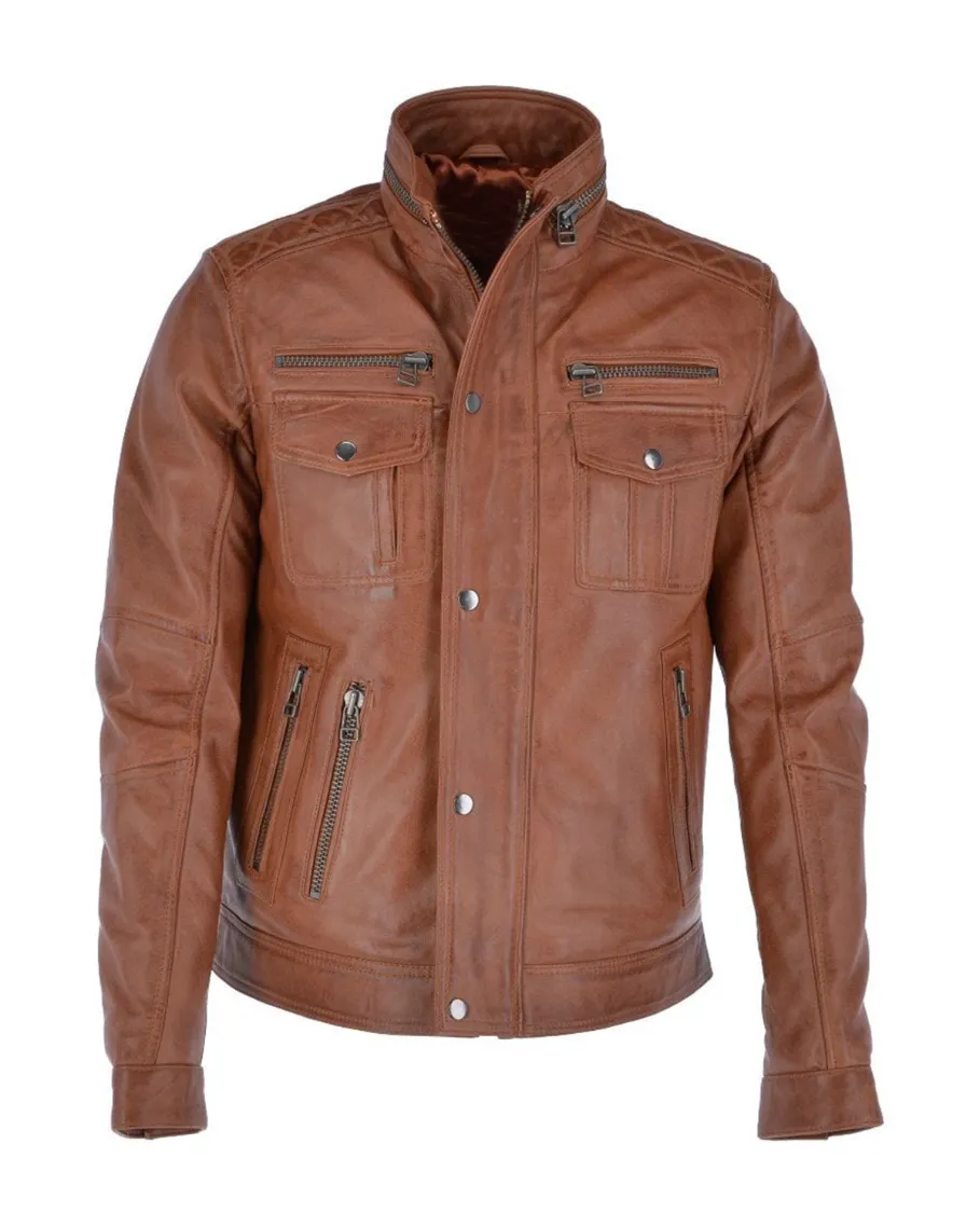 Mens Quilted Shoulders Brown Leather Jacket