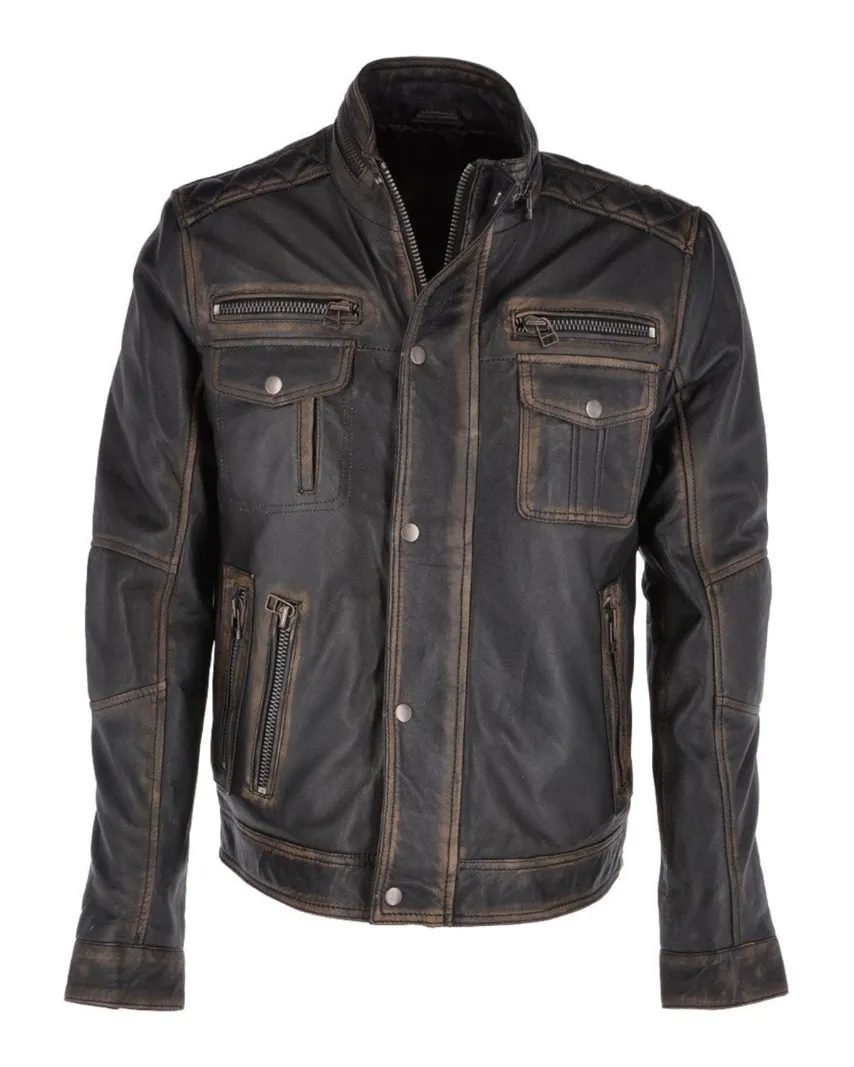 Mens Quilted Shoulders Distressed Black Leather Jacket