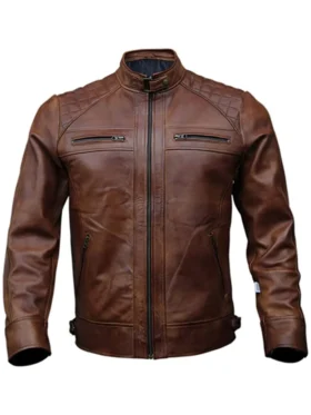 Mens Quilted Style Motorcycle Genuine Leather Jacket
