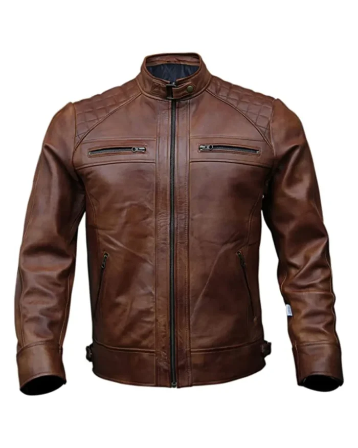 Mens Quilted Style Motorcycle Genuine Leather Jacket