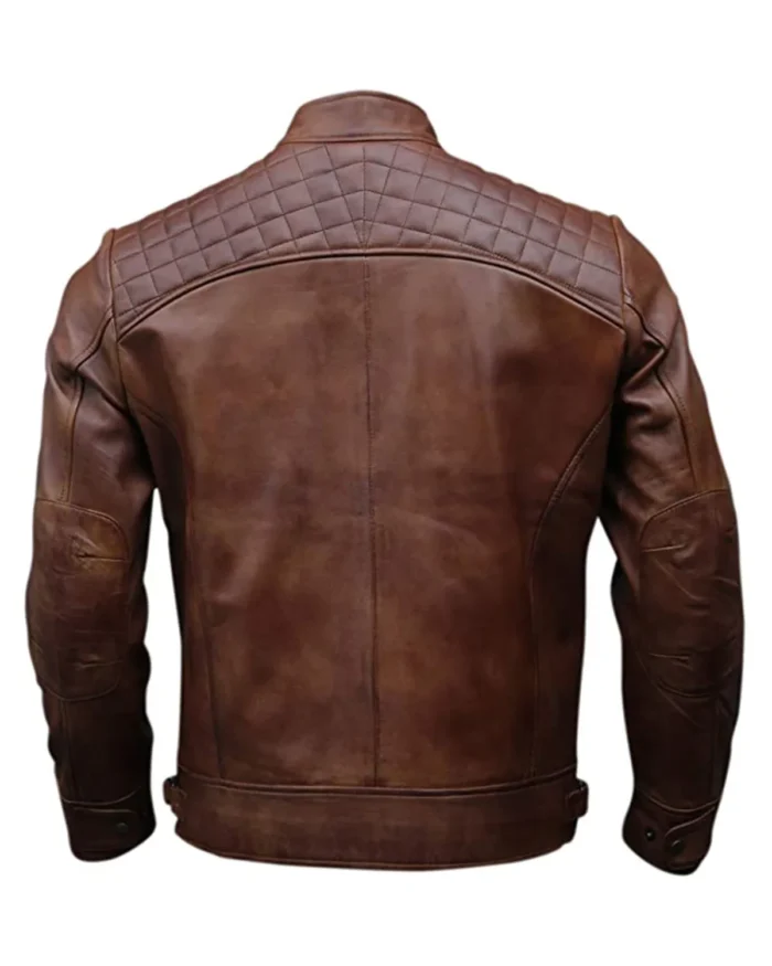 Mens Quilted Style Motorcycle Genuine Leather Jacket Back