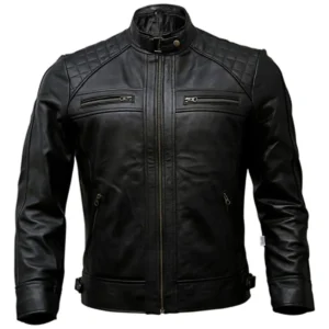 Mens Quilted Style Motorcycle Genuine Leather Jacket Black