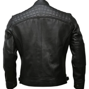 Mens Quilted Style Motorcycle Genuine Leather Jacket Black Back