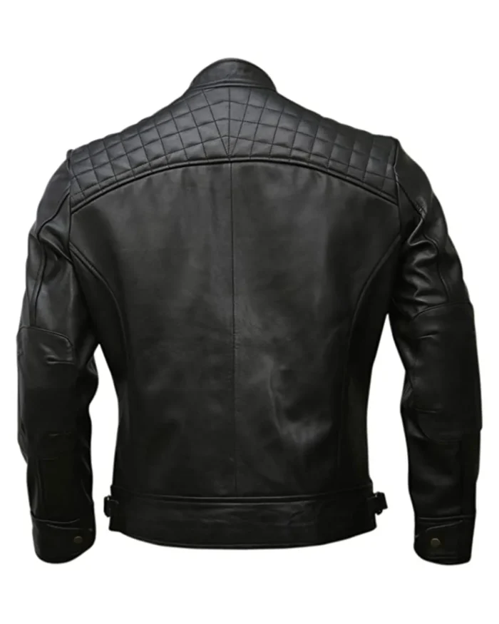Mens Quilted Style Motorcycle Genuine Leather Jacket Black Back