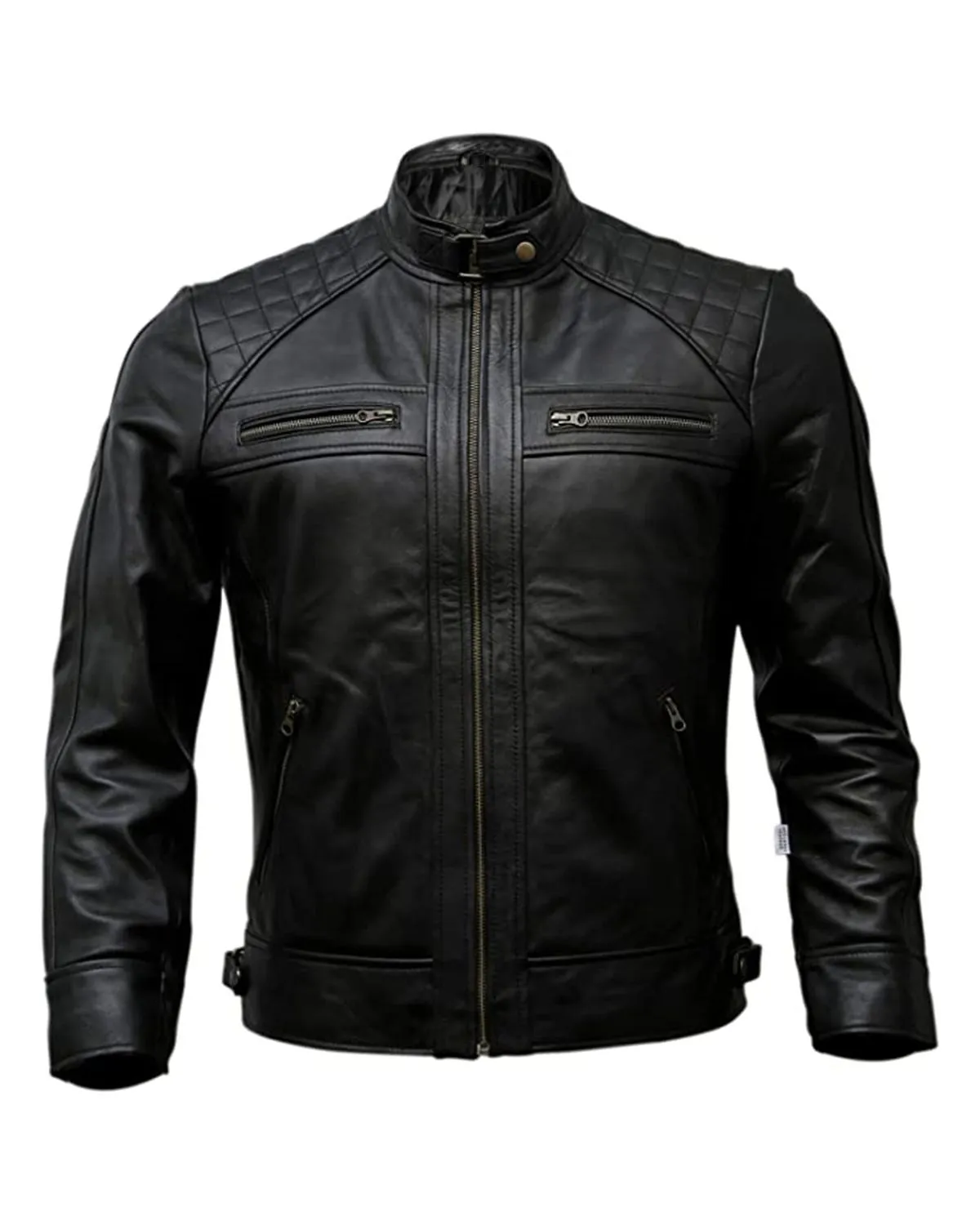 Mens Quilted Style Motorcycle Genuine Leather Jacket Black
