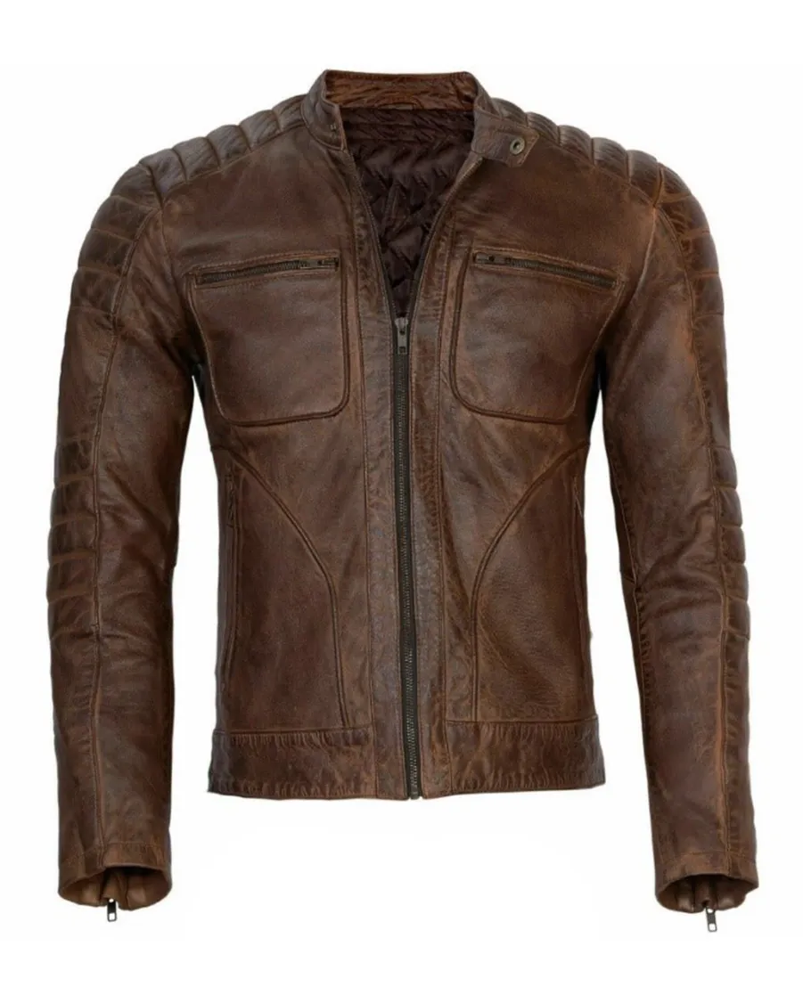 Mens Quilted Vintage Brown Biker Leather Jacket