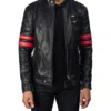 Mens Red Stripes Padded Black Biker Jacket