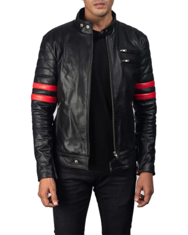 Mens-Red-Stripes-Padded-Black-Biker-Jacket