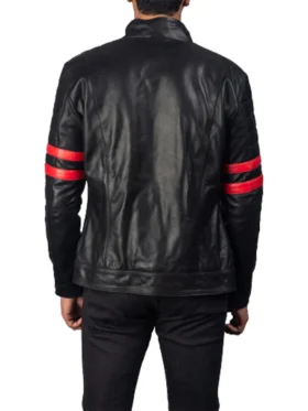 Mens Red Stripes Padded Black Biker Jacket Back