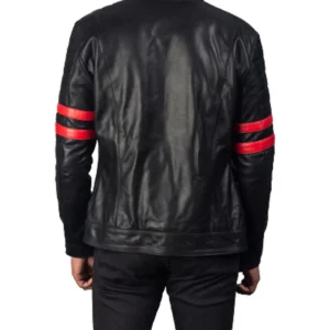 Mens Red Stripes Padded Black Biker Jacket Back