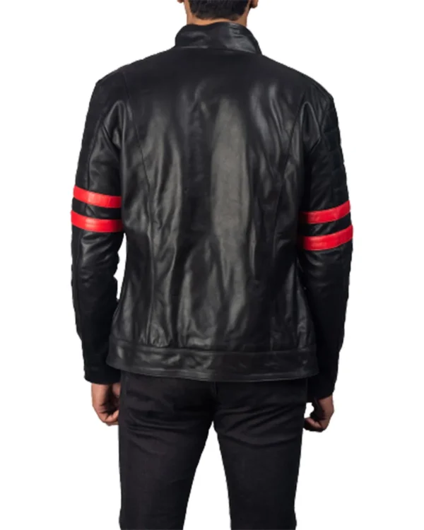 Mens Red Stripes Padded Black Biker Jacket Back