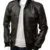 Mens Rib Knitted Erect Collar Black Bomber Leather Jacket
