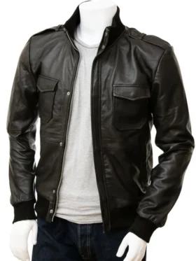 Mens Rib Knitted Erect Collar Black Bomber Leather Jacket