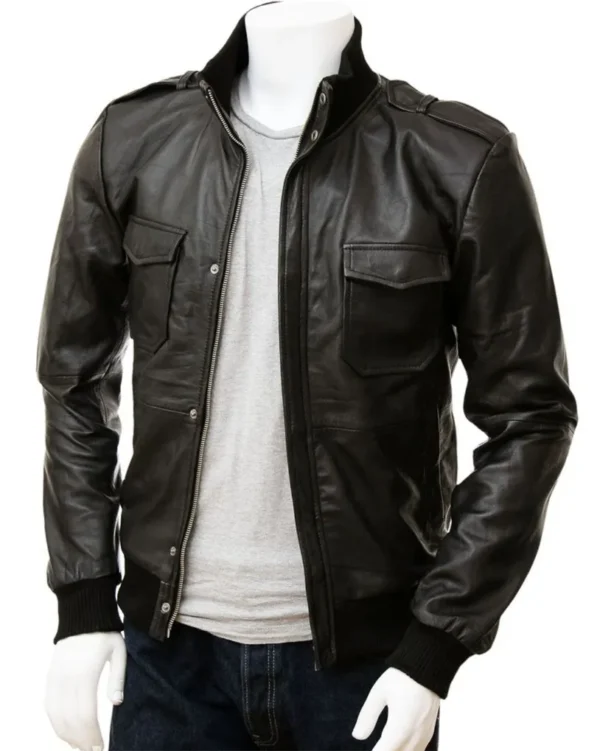 Mens Rib Knitted Erect Collar Black Bomber Leather Jacket