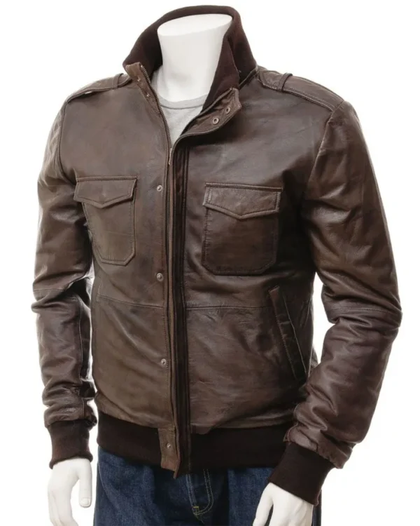 Mens-Rib-Knitted-Erect-Collar-Bomber-Leather-Jacket