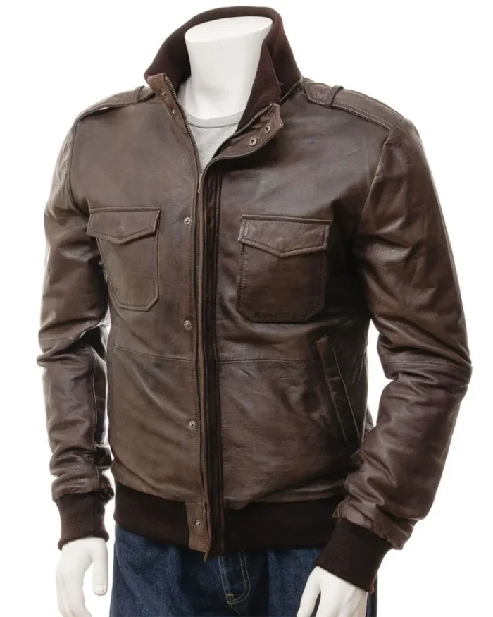 Mens Rib Knitted Erect Collar Bomber Leather Jacket