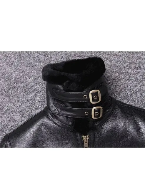 Mens Shearling B3 Bomber Black Leather Jacket Collar