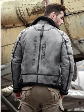 Mens Shearling B3 Bomber Grey Black Leather Jacket