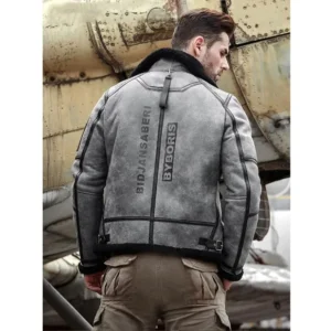Mens Shearling B3 Bomber Grey Black Leather Jacket