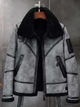 Mens Shearling B3 Bomber Grey and Black Leather Jacket