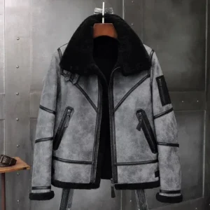 Mens Shearling B3 Bomber Grey and Black Leather Jacket