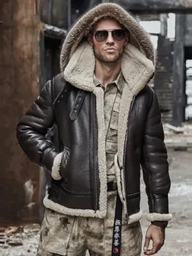 Mens Shearling B3 Bomber Hooded Leather Jacket