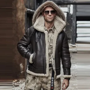Mens Shearling B3 Bomber Hooded Leather Jacket