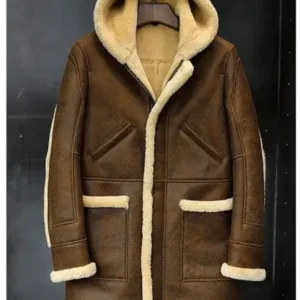 Mens Shearling Brown Leather Jacket With Hood