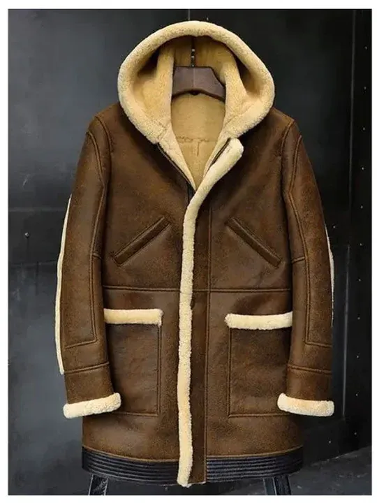 Mens Shearling Brown Leather Jacket With Hood