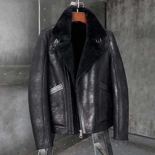 Mens Shearling Distressed Black Leather Jacket