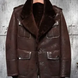 Mens Shearling Fur Lapel Collar Brown Leather Jacket
