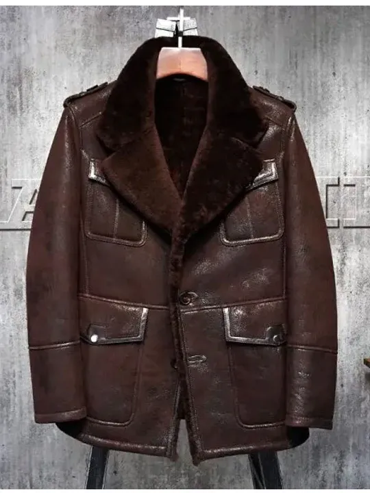 Mens Shearling Fur Lapel Collar Brown Leather Jacket