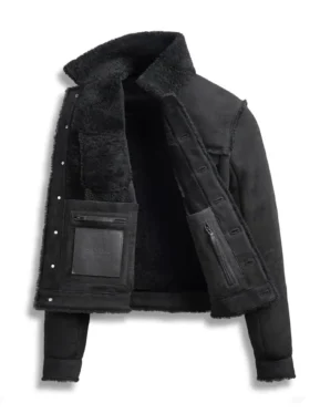 Mens Shearling Suede Leather Black Trucker Jacket