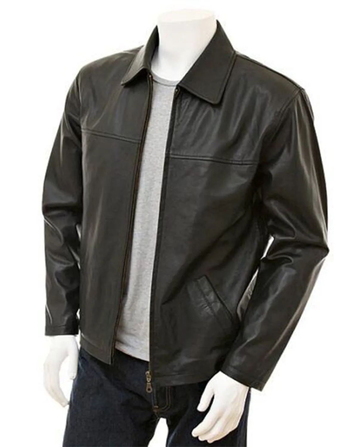 Mens Shirt Style Plain Minimalist Leather Jacket Black