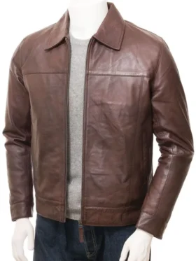 Mens Shirt Style Plain Minimalist Leather Jacket Brown