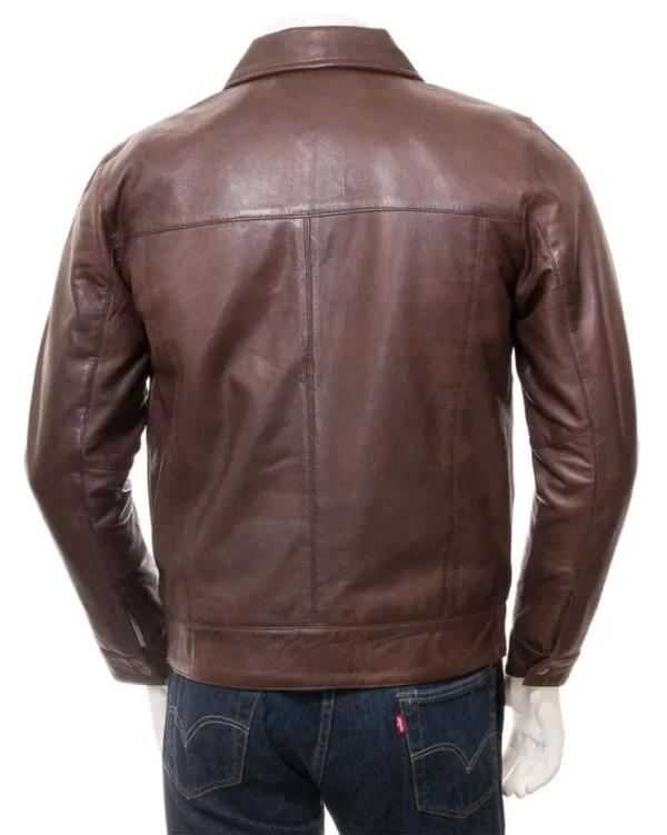 Mens-Shirt-Style-Plain-Minimalist-Leather-Jacket-Brown-Back
