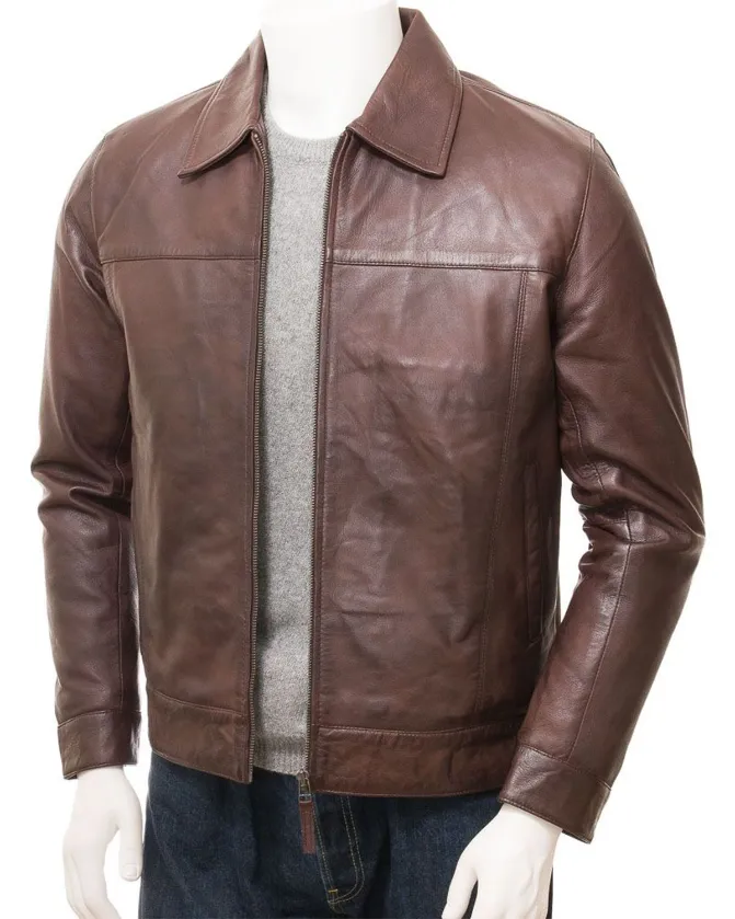 Mens Shirt Style Plain Minimalist Leather Jacket Brown