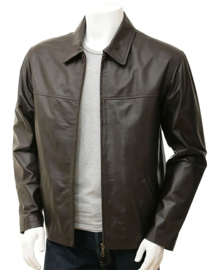 Mens Shirt Style Plain Minimalist Leather Jacket Coffee